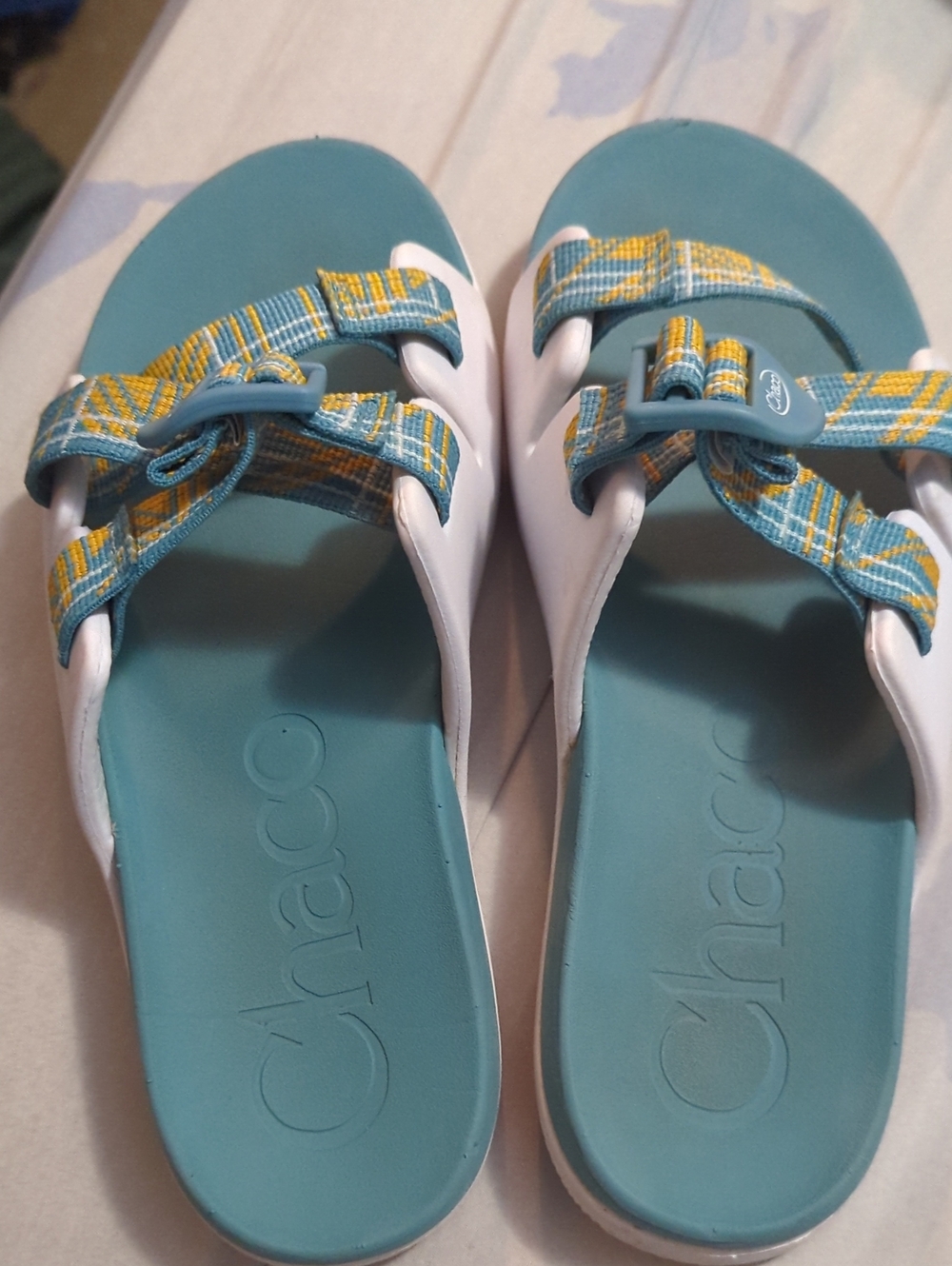 Chaco Teal Slide Sandals with Yellow Plaid Straps